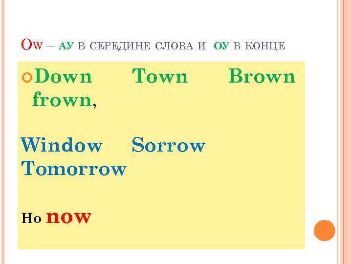 OW – АУ В СЕРЕДИНЕ СЛОВА И Down Town frown, Window Sorrow Tomorrow Но