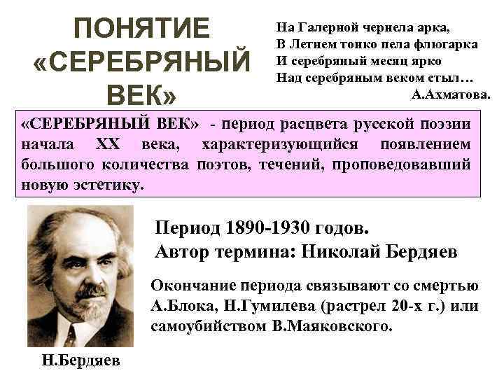 ПОНЯТИЕ «СЕРЕБРЯНЫЙ ВЕК» На Галерной чернела арка, В Летнем тонко пела флюгарка И серебряный