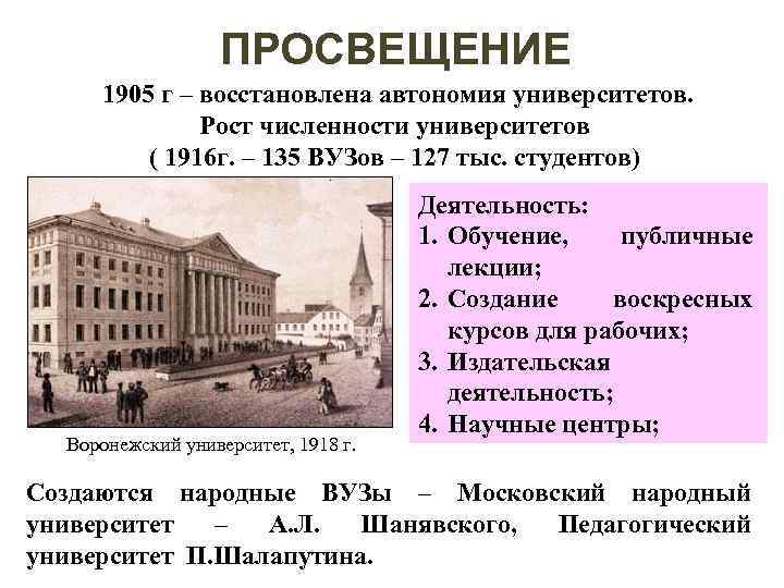 ПРОСВЕЩЕНИЕ 1905 г – восстановлена автономия университетов. Рост численности университетов ( 1916 г. –