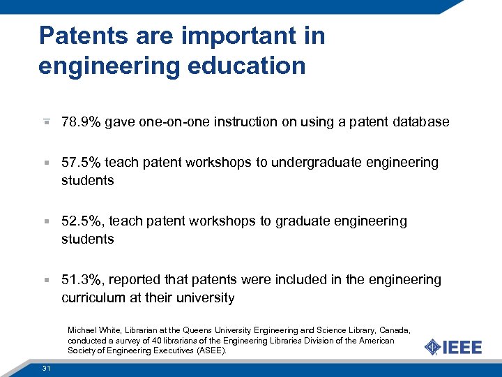 Patents are important in engineering education 78. 9% gave one-on-one instruction on using a