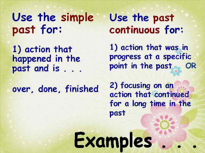 Use the simple past for: Use the past continuous for: 1) action that happened