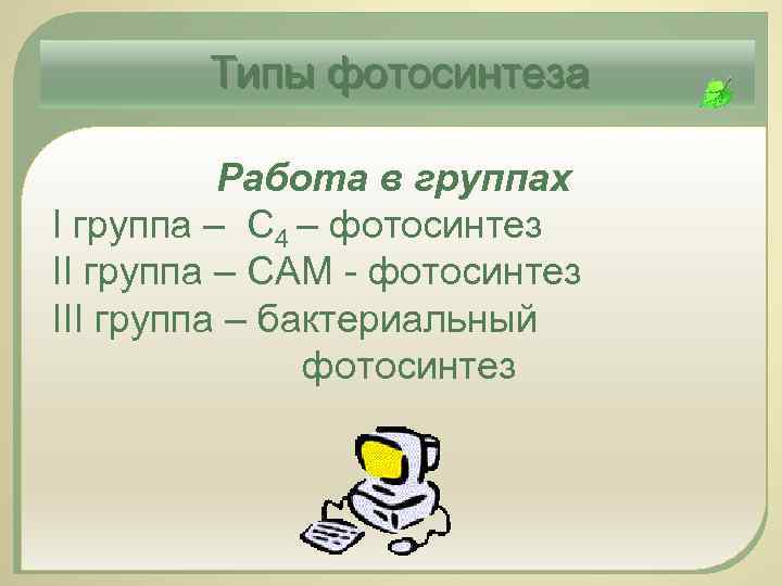 Типы фотосинтеза Работа в группах I группа – С 4 – фотосинтез II группа