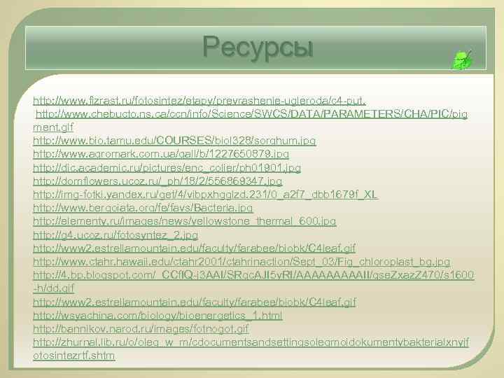 Ресурсы http: //www. fizrast. ru/fotosintez/etapy/prevrashenie-ugleroda/c 4 -put. lhttp: //www. chebucto. ns. ca/ccn/info/Science/SWCS/DATA/PARAMETERS/CHA/PIC/pig ment. gif