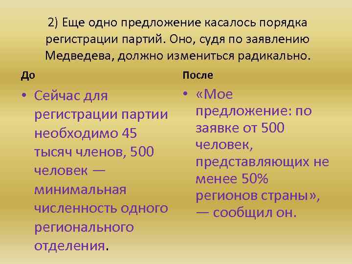 2) Еще одно предложение касалось порядка регистрации партий. Оно, судя по заявлению Медведева, должно