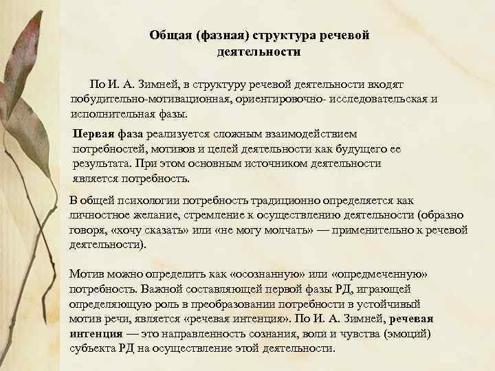 Общая (фазная) структура речевой деятельности По И. А. Зимней, в структуру речевой деятельности входят