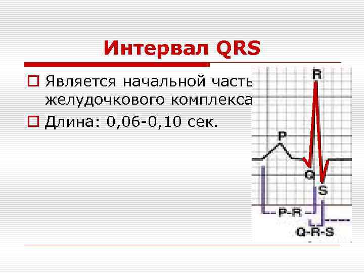 Интервал QRS o Является начальной частью желудочкового комплекса. o Длина: 0, 06 -0, 10