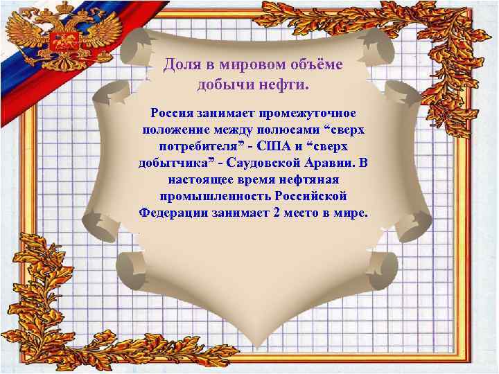 Доля в мировом объёме добычи нефти. Россия занимает промежуточное положение между полюсами “сверх потребителя”