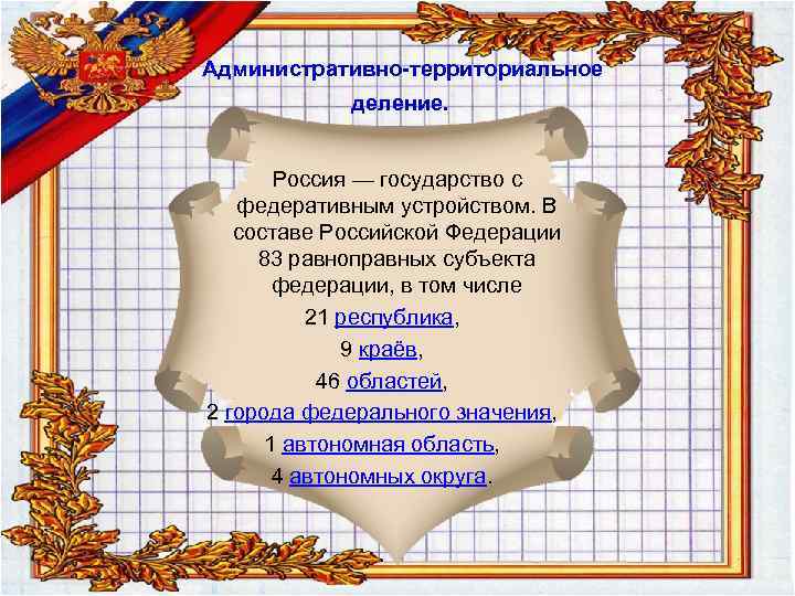 Административно-территориальное деление. Россия — государство с федеративным устройством. В составе Российской Федерации 83 равноправных