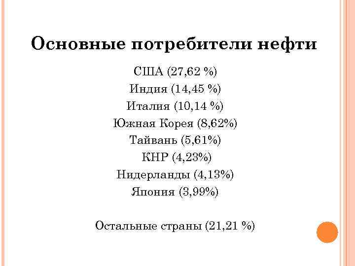 Основные потребители нефти США (27, 62 %) Индия (14, 45 %) Италия (10, 14