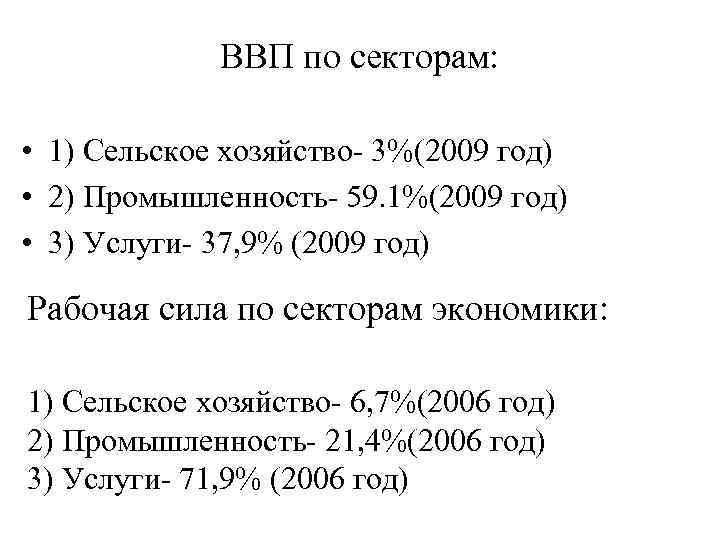 ВВП по секторам: • 1) Сельское хозяйство- 3%(2009 год) • 2) Промышленность- 59. 1%(2009