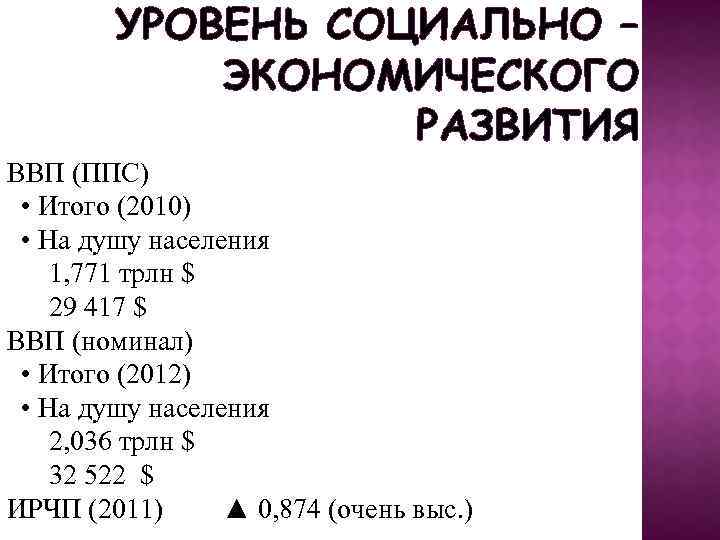 УРОВЕНЬ СОЦИАЛЬНО – ЭКОНОМИЧЕСКОГО РАЗВИТИЯ ВВП (ППС) • Итого (2010) • На душу населения