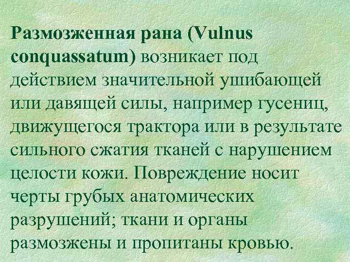 Размозженная рана (Vulnus conquassatum) возникает под действием значительной ушибающей или давящей силы, например гусениц,