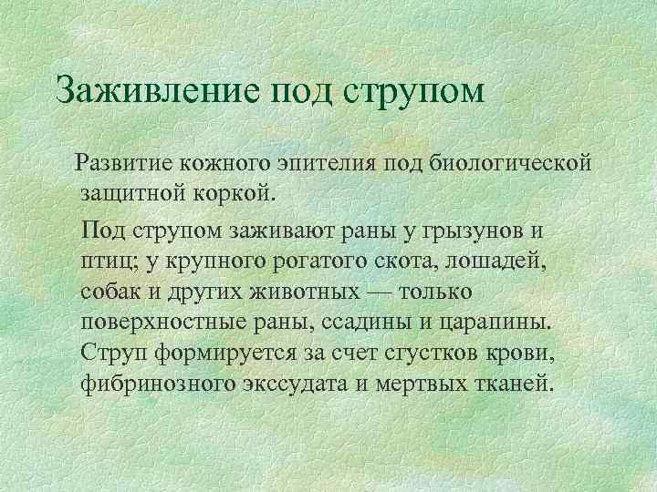 Заживление под струпом Развитие кожного эпителия под биологической защитной коркой. Под струпом заживают раны