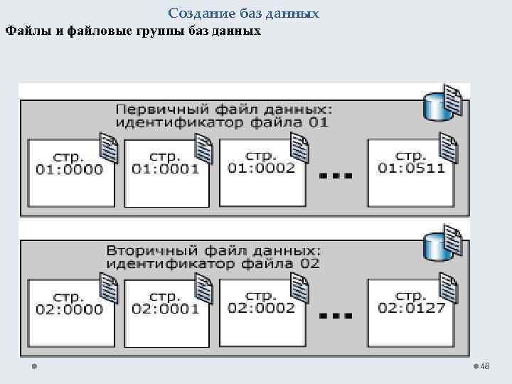Создание баз данных Файлы и файловые группы баз данных 48 