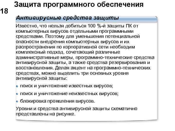 Средства антивирусной защиты. Защита программного обеспечения. Обеспечение антивирусной защиты. Уровни антивирусной защиты. Меры защиты программного обеспечения.