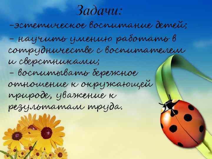 Задачи: -эстетическое воспитание детей; - научить умению работать в сотрудничестве с воспитателем и сверстниками;