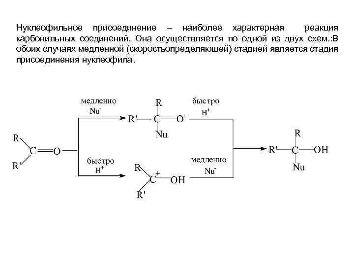 Нуклеофильное присоединение – наиболее характерная реакция карбонильных соединений. Она осуществляется по одной из двух