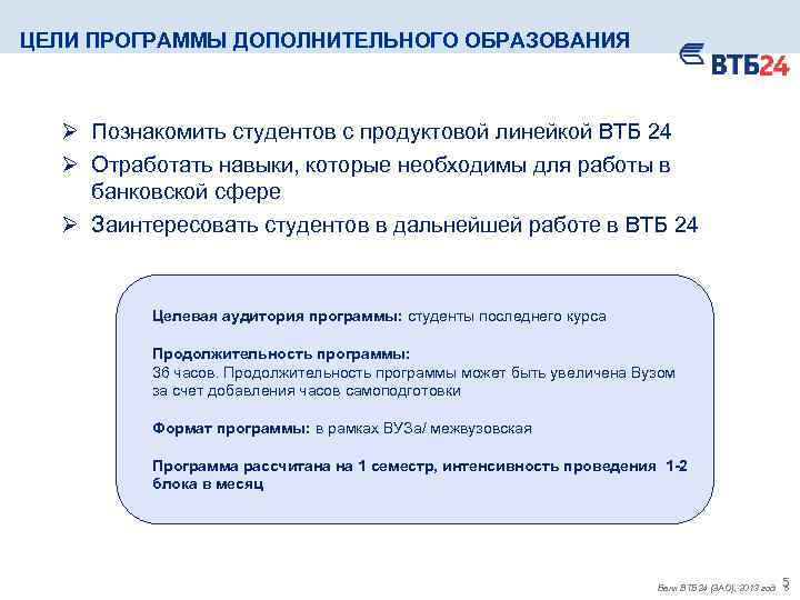 ЦЕЛИ ПРОГРАММЫ ДОПОЛНИТЕЛЬНОГО ОБРАЗОВАНИЯ Ø Познакомить студентов с продуктовой линейкой ВТБ 24 Ø Отработать