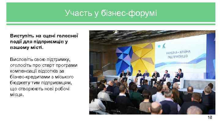 Участь у бізнес-форумі Виступіть на сцені головної події для підприємців у вашому місті. Висловіть