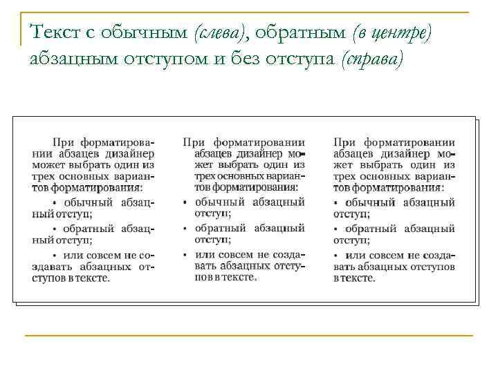 Текст с обычным (слева), обратным (в центре) абзацным отступом и без отступа (справа) 