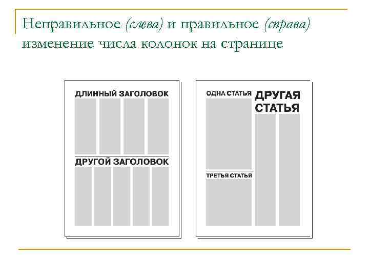 Неправильное (слева) и правильное (справа) изменение числа колонок на странице 
