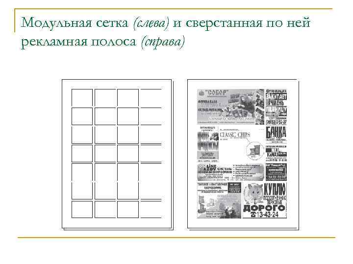 Модульная сетка (слева) и сверстанная по ней рекламная полоса (справа) 
