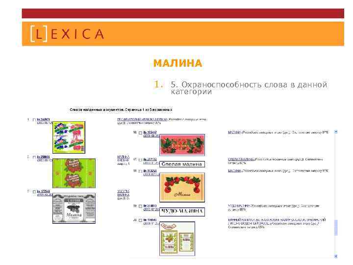 МАЛИНА 1. 5. Охраноспособность слова в данной категории 