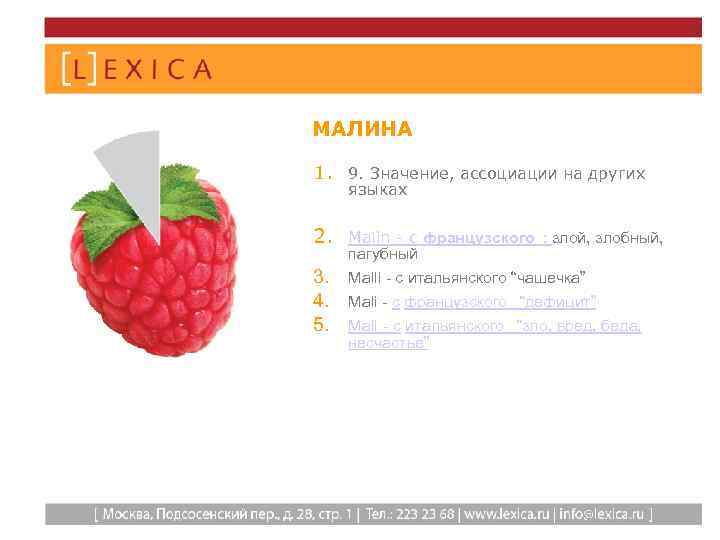 МАЛИНА 1. 9. Значение, ассоциации на других языках 2. Malin - c французского : злой,