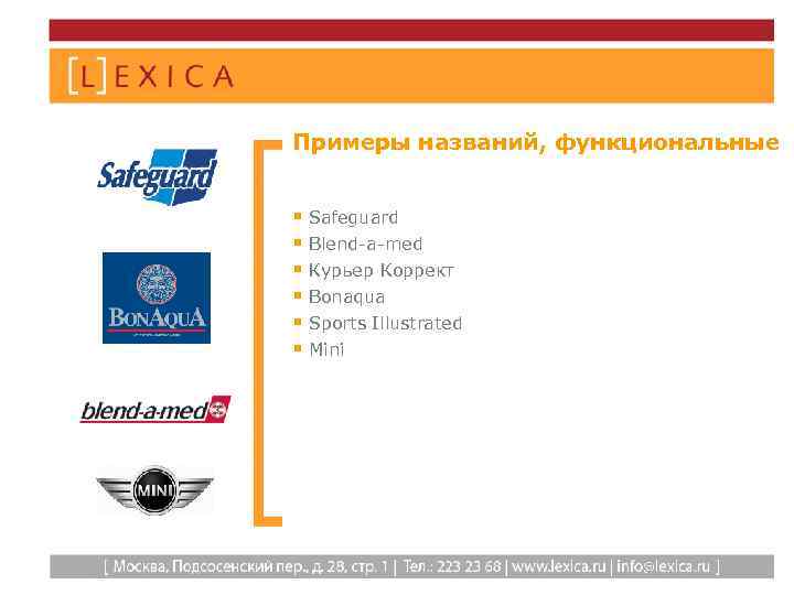 Примеры названий, функциональные § Safeguard § Blend-a-med § Курьер Коррект § Bonaqua § Sports
