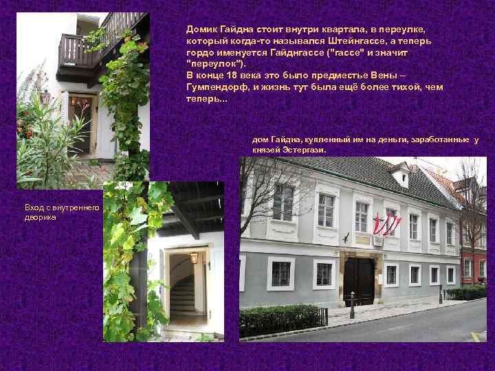 Домик Гайдна стоит внутри квартала, в переулке, который когда-то назывался Штейнгассе, а теперь гордо