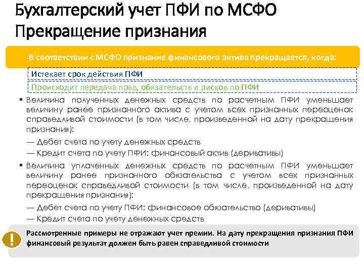 Бухгалтерский учет ПФИ по МСФО Прекращение признания 3) В соответствии с МСФО признание финансового