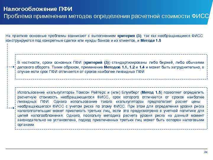 Налогообложение ПФИ Проблема применения методов определения расчетной стоимости ФИСС На практике основные проблемы возникают