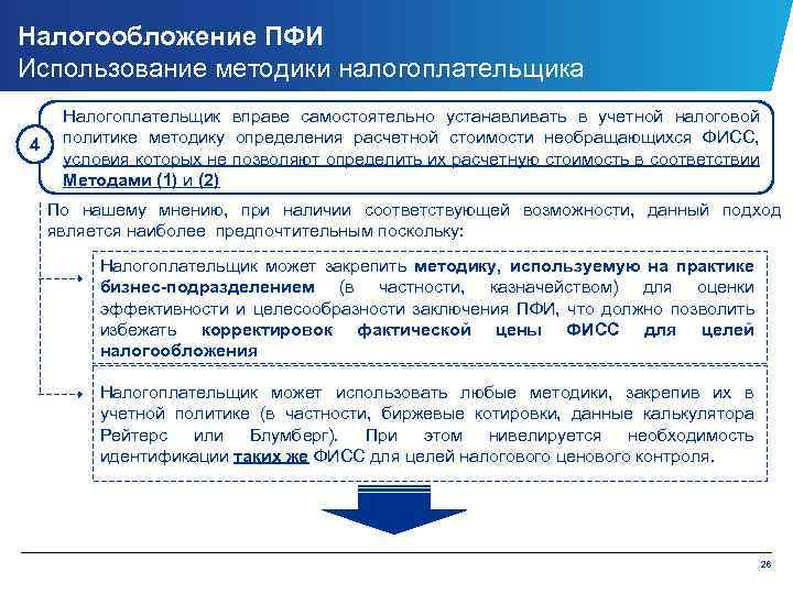 Налогообложение ПФИ Использование методики налогоплательщика 4 Налогоплательщик вправе самостоятельно устанавливать в учетной налоговой политике