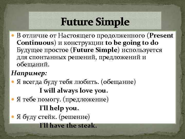 Future Simple В отличие от Настоящего продолженного (Present Continuous) и конструкции to be going