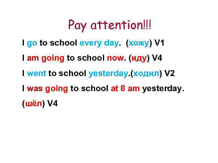 Pay attention!!! I go to school every day. (хожу) V 1 I am going