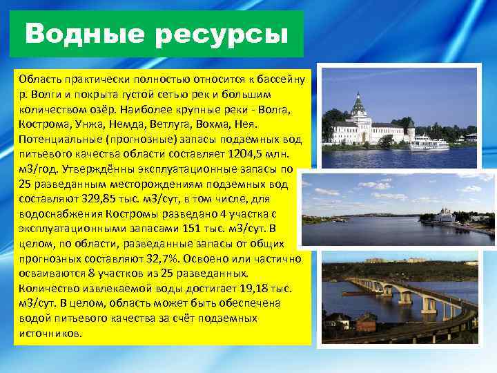 Водные ресурсы Область практически полностью относится к бассейну р. Волги и покрыта густой сетью