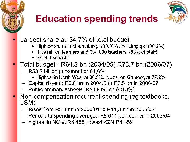 Education spending trends • Largest share at 34, 7% of total budget • Highest