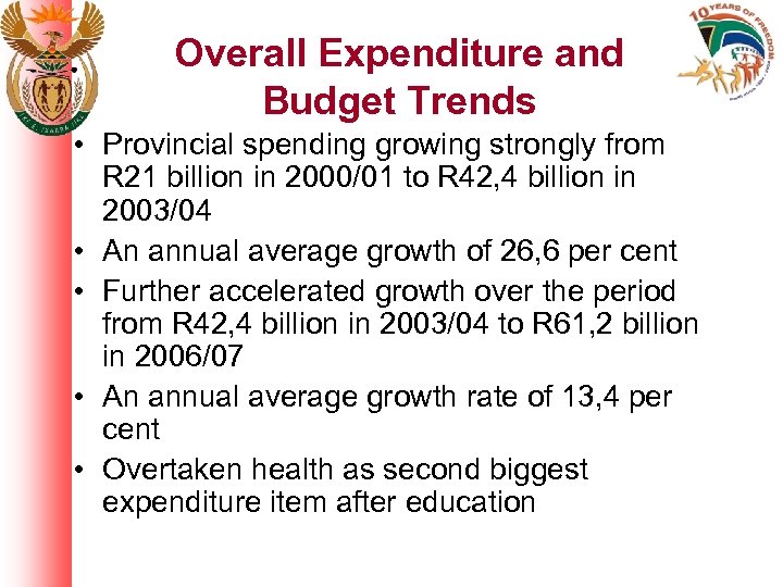Overall Expenditure and Budget Trends • Provincial spending growing strongly from R 21 billion