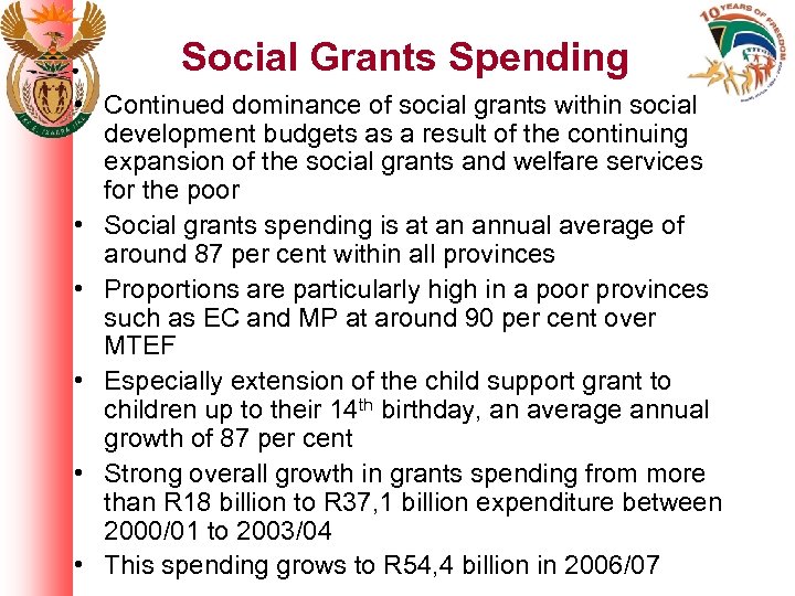Social Grants Spending • Continued dominance of social grants within social development budgets as
