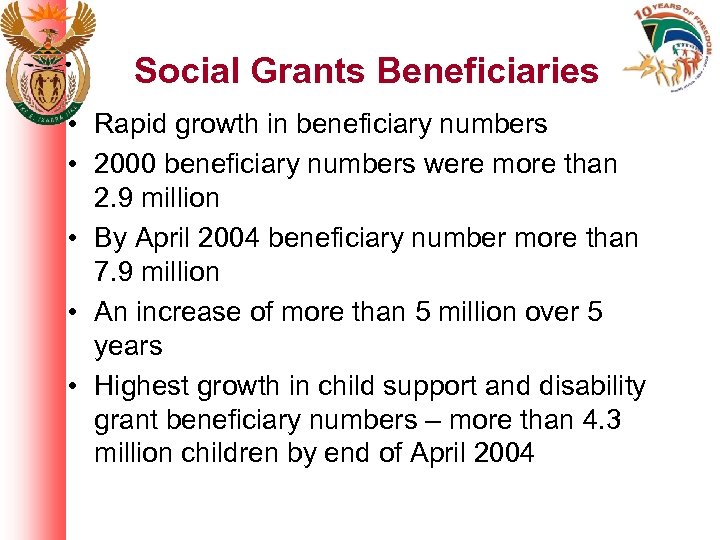 Social Grants Beneficiaries • Rapid growth in beneficiary numbers • 2000 beneficiary numbers were