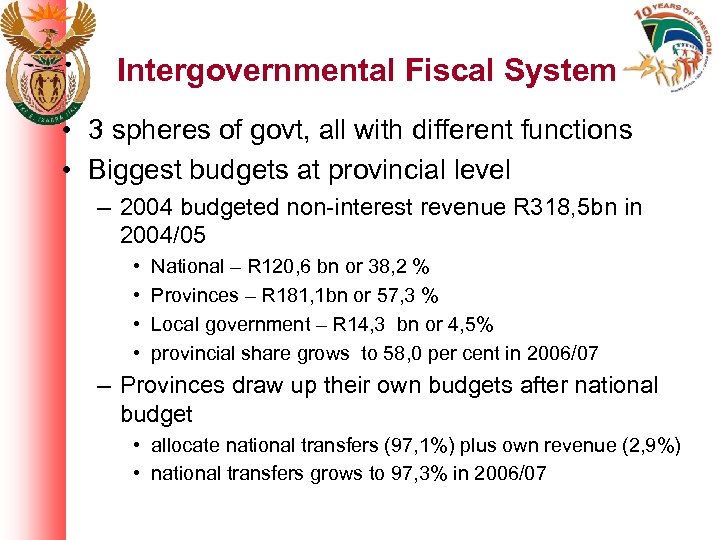 Intergovernmental Fiscal System • 3 spheres of govt, all with different functions • Biggest