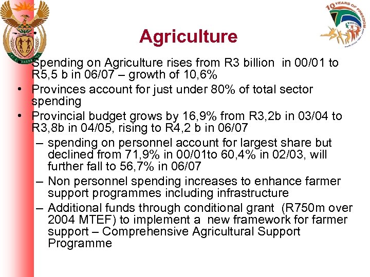 Agriculture • Spending on Agriculture rises from R 3 billion in 00/01 to R