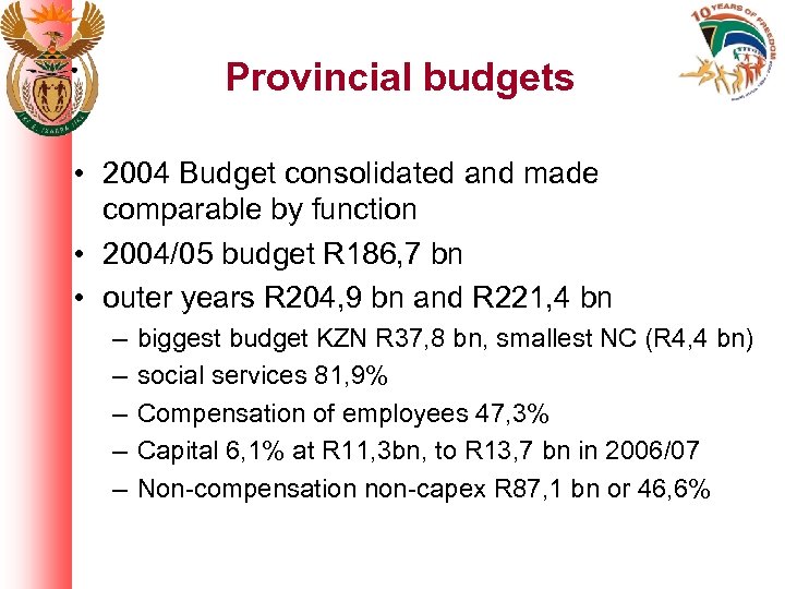 Provincial budgets • 2004 Budget consolidated and made comparable by function • 2004/05 budget