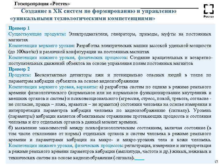 Госкорпорация «Ростех» Создание в ХК систем по формированию и управлению «уникальными технологическими компетенциями» Пример