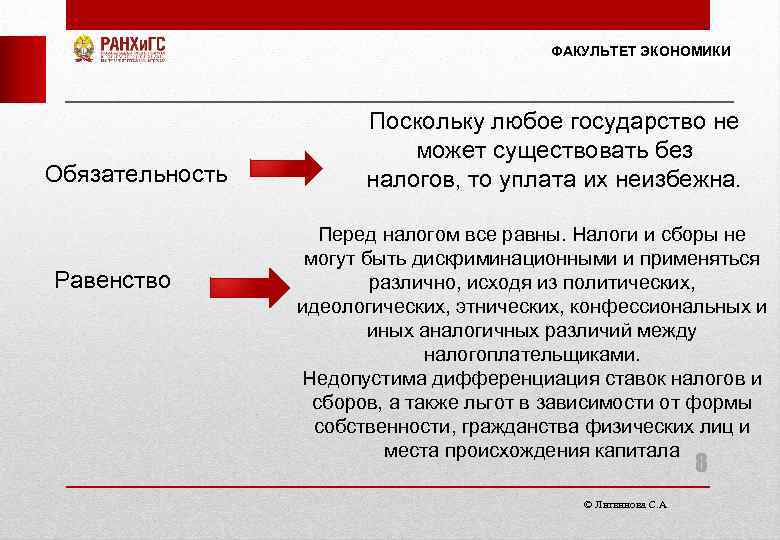 ФАКУЛЬТЕТ ЭКОНОМИКИ Обязательность Равенство Поскольку любое государство не может существовать без налогов, то уплата