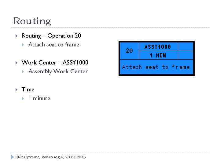 Routing – Operation 20 Attach seat to frame Work Center – ASSY 1000 Assembly