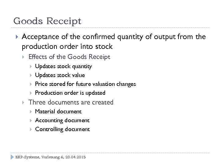 Goods Receipt Acceptance of the confirmed quantity of output from the production order into