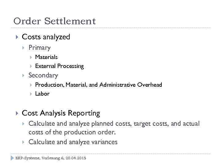 Order Settlement Costs analyzed Primary Secondary Materials External Processing Production, Material, and Administrative Overhead