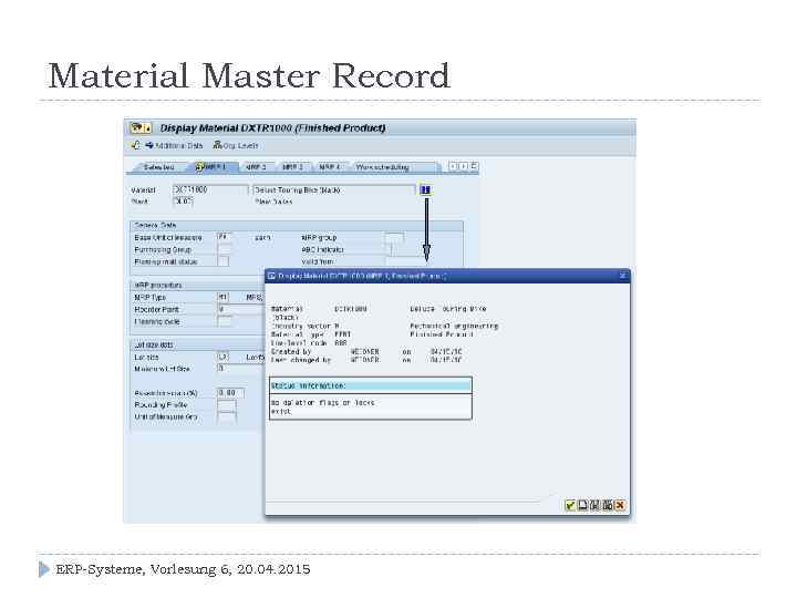 Material Master Record ERP-Systeme, Vorlesung 6, 20. 04. 2015 