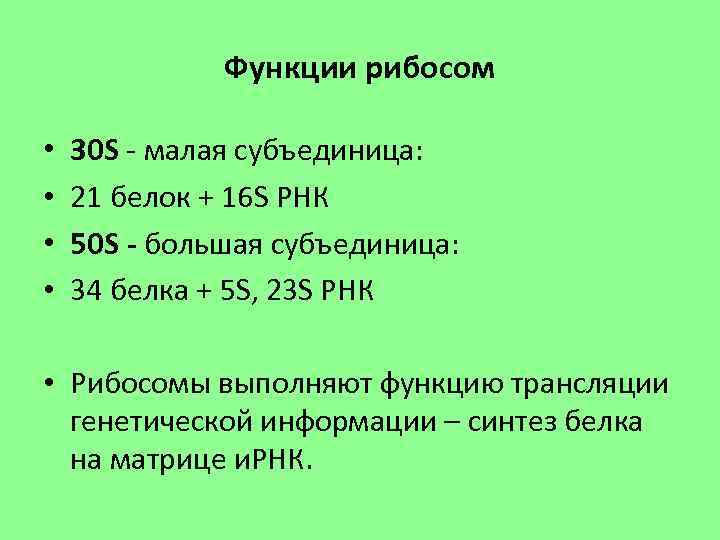 Функции рибосом • • 30 S - малая субъединица: 21 белок + 16 S